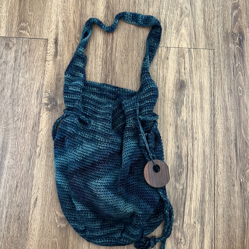 Sakroots Eco friendly crochet Happy and Free Blue ombré drawstring boho bag